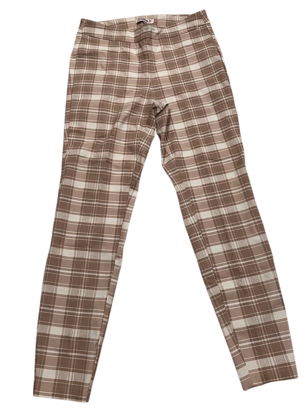 Nanette Lepore Tan White Plaid Trousers Small Preppy Workwear Slim Leg Pants